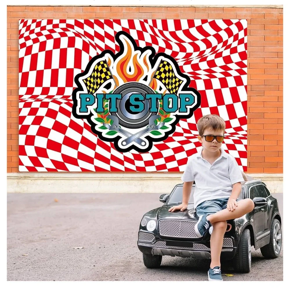 Pit Stop Race Theme kit ,Backdrop,4 x 6, 6- tire ballons, 4- tablecloths